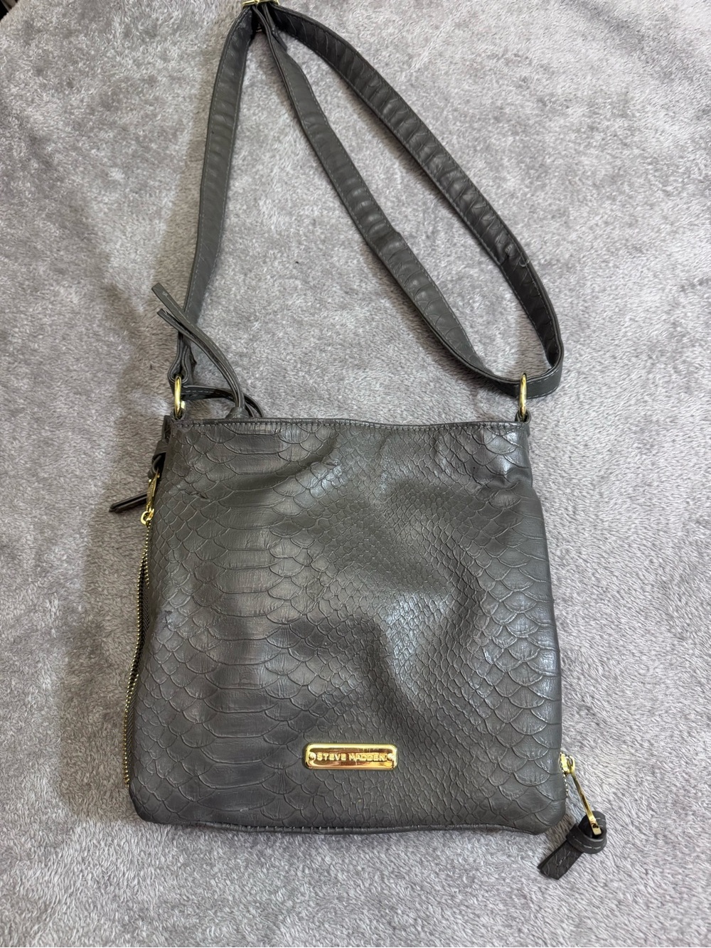 Steve Madden Black Snake-Embossed Crossbody with Gold Hardware